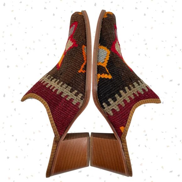 Vintage Kilim Rug Heeled Mules Red Brown Upcycled New England Loom Size EU 40 - Picture 5 of 11